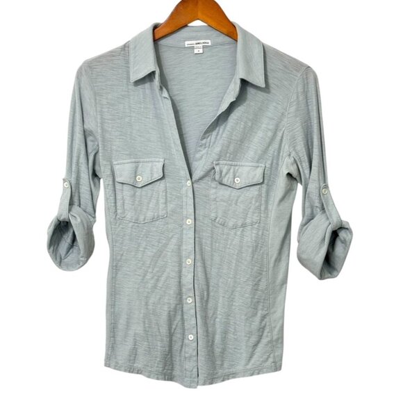 James Perse Contrast Panel Shirt Top Roll Tab 3/4 Sleeve Blue Gray Size 4 / XL - Picture 1 of 7